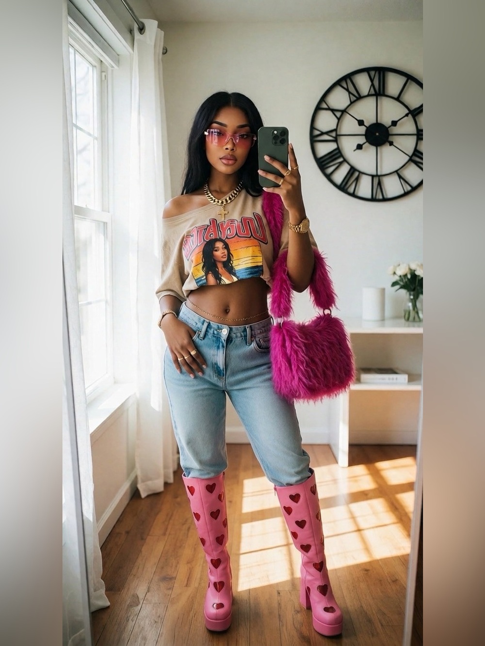 Dolls Kill Hot Pink Knee-High Platform Boots with Red Heart Cutouts